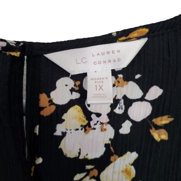 Lauren Conrad Sz 1X Blouse Floral Crinkle Flared Tulip Sleeves Back Slit Black - Picture 9 of 10